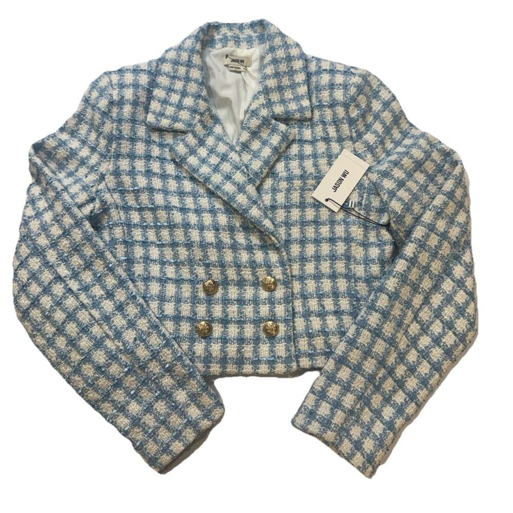 Jason Wu Tweed Cropped Jacket Womens 8 Blue White Plaid Gold Button NWT
